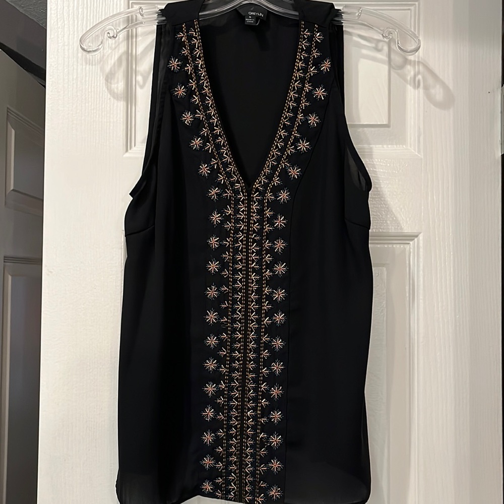 Greylin Black lightly sheer top with beads down the front and up the V-neck. S